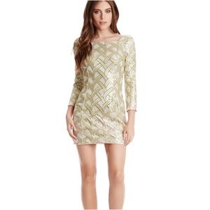 Marciano Guess XS Sequins Nude Gold Mini Dress 3/4 Sleeve Full Zip Square Neck